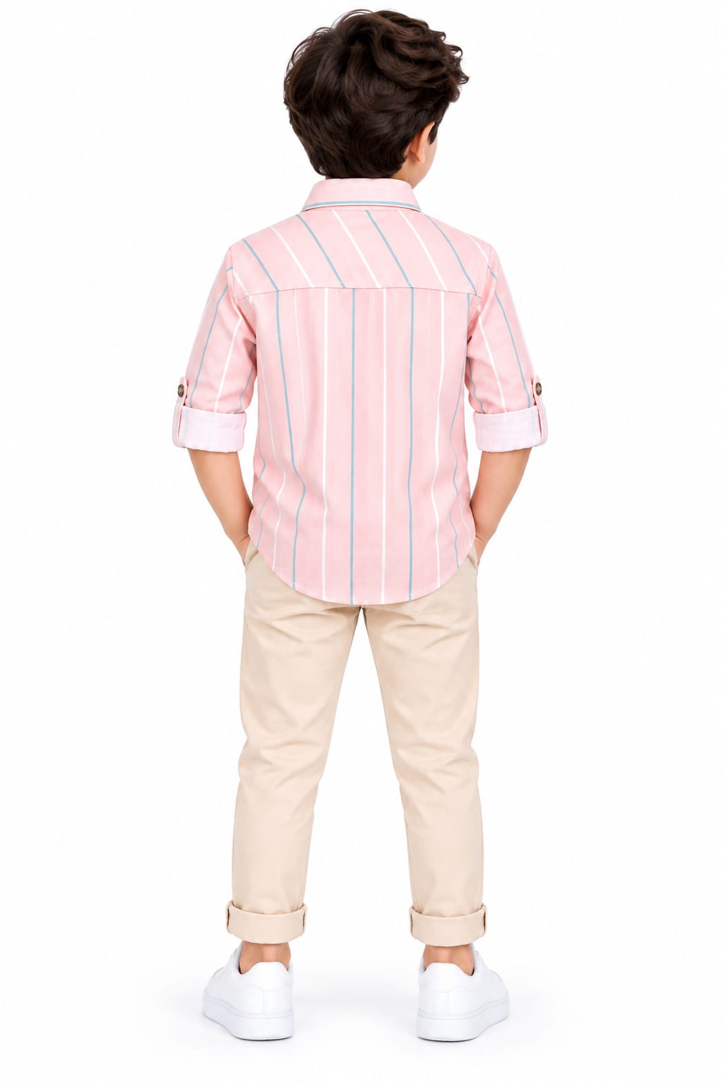 Boys' Pink Vertical Striped Pocket Detail Casual Shirt.