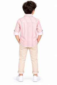 Boys' Pink Vertical Striped Pocket Detail Casual Shirt.