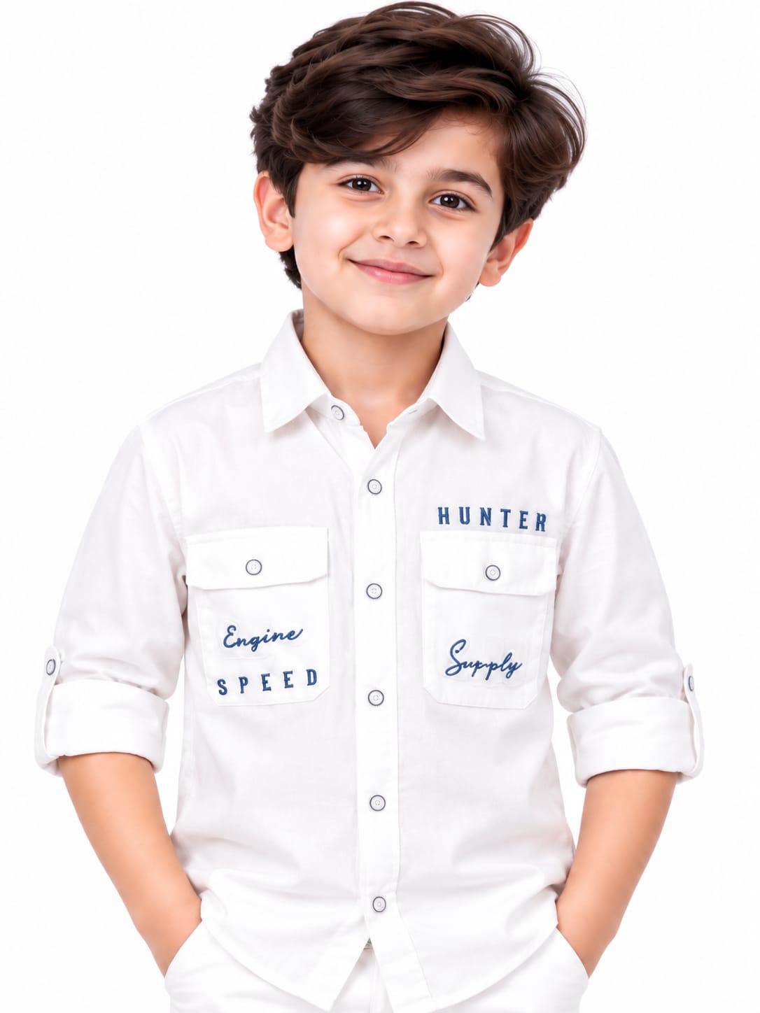 Boys' White Dual Pocket Graphic Utility Shirt.