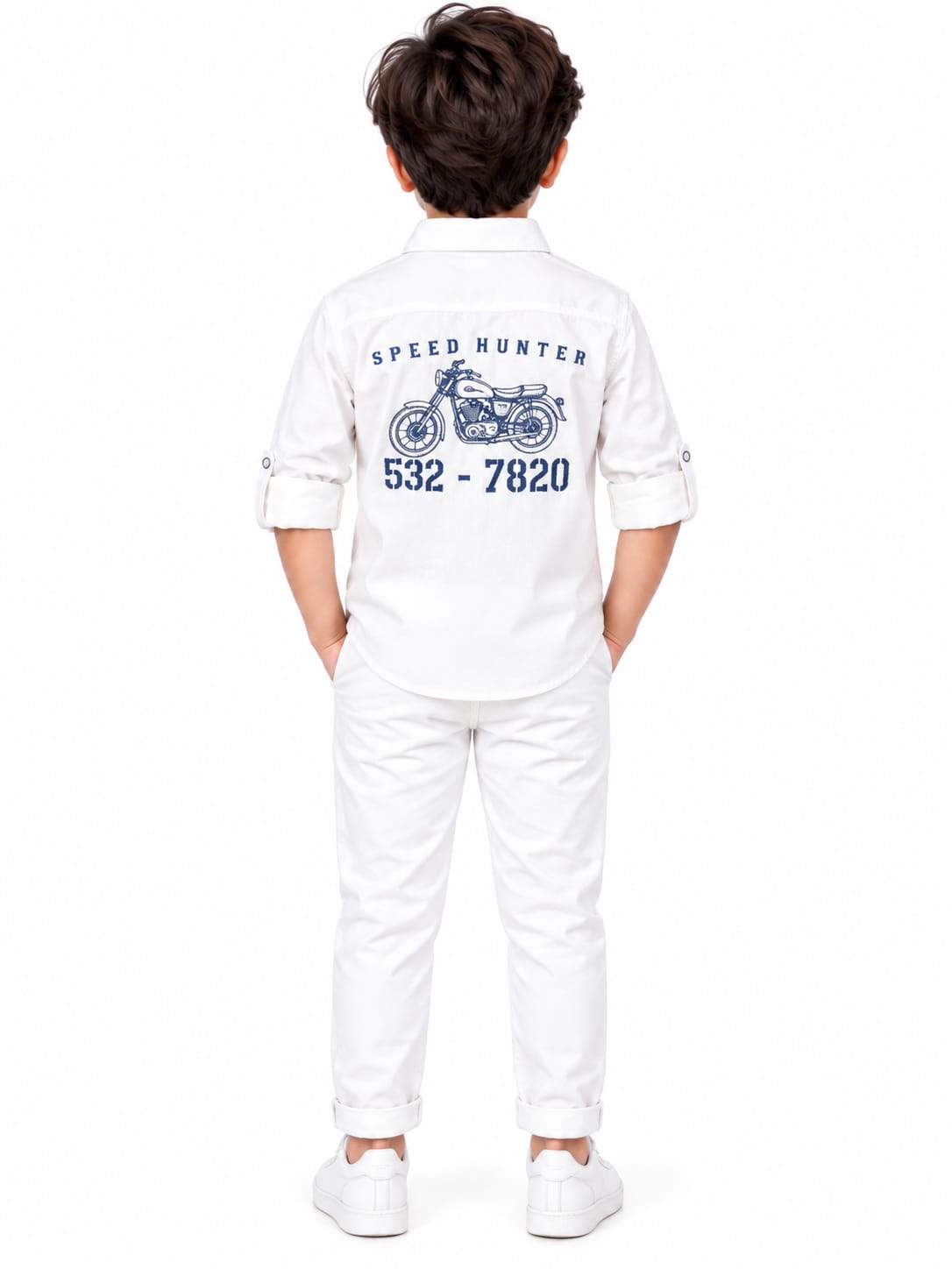 Boys' White Dual Pocket Graphic Utility Shirt.