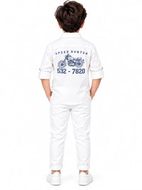 Boys' White Dual Pocket Graphic Utility Shirt.