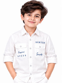 Boys' White Dual Pocket Graphic Utility Shirt.