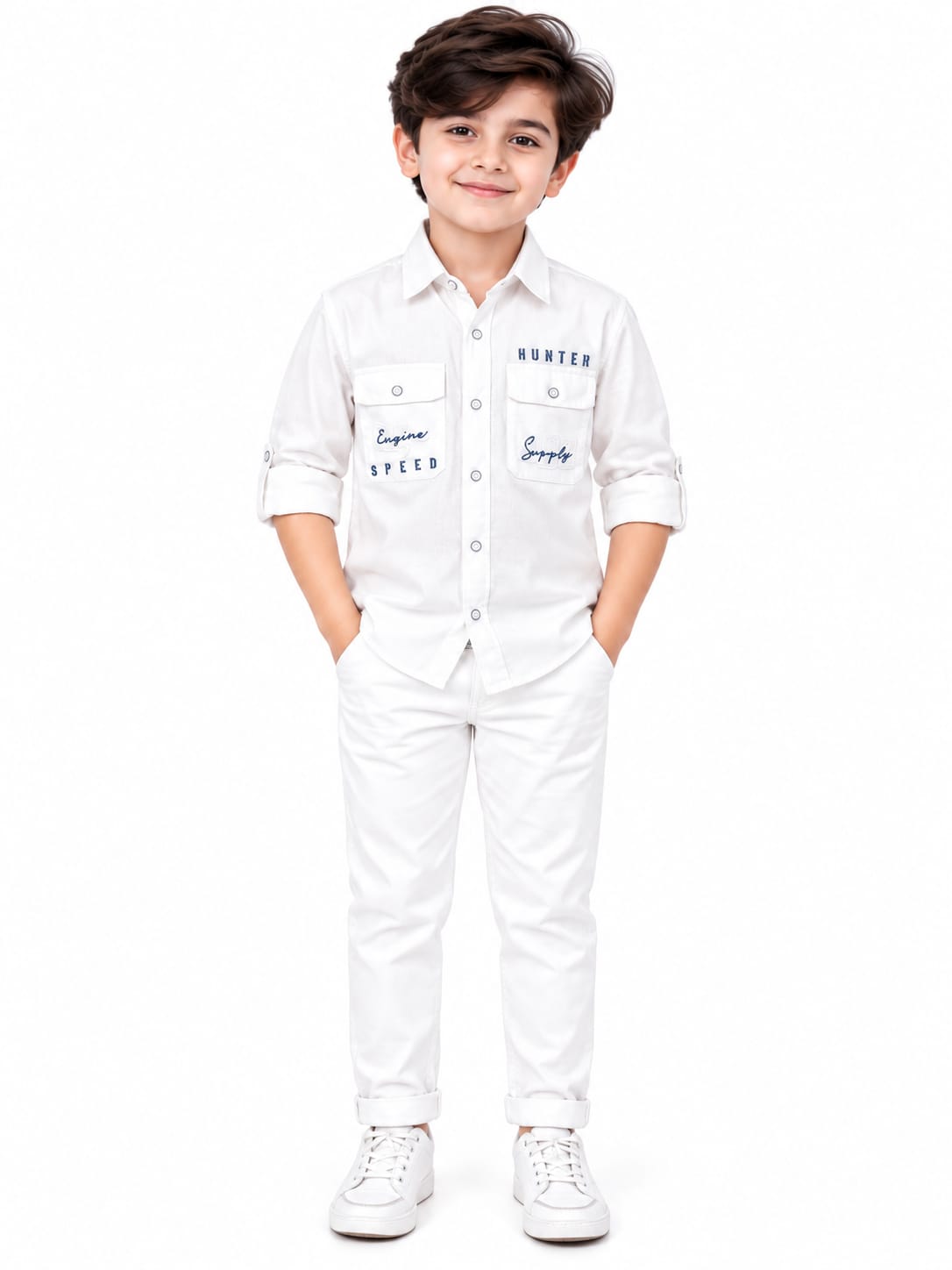 Boys' White Dual Pocket Graphic Utility Shirt.