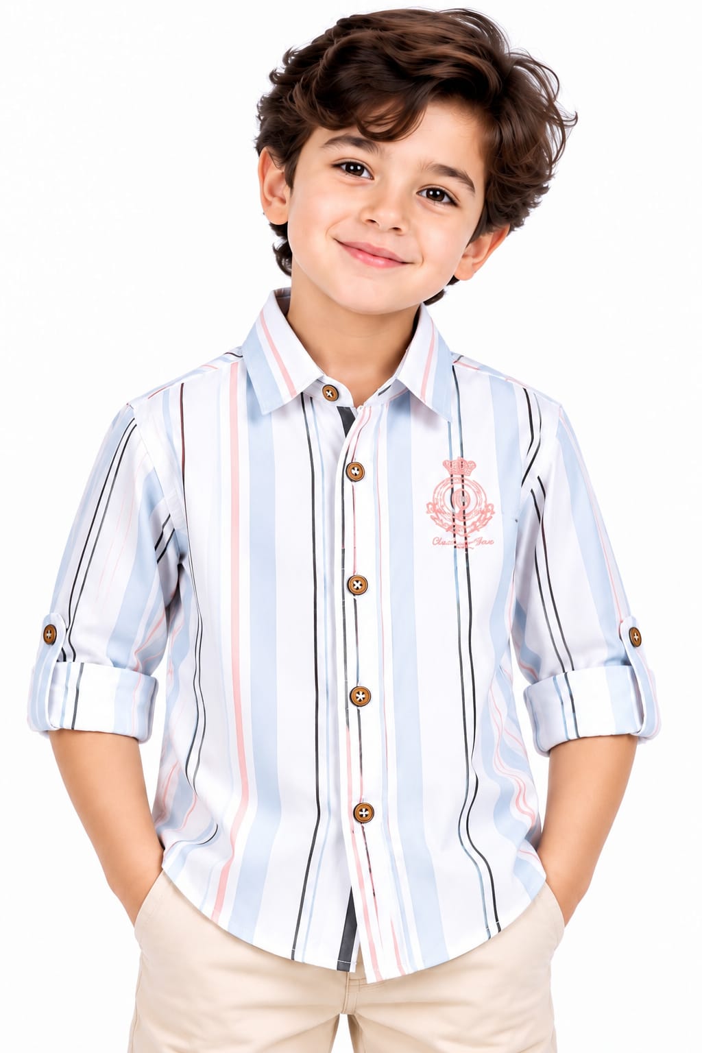 Boys' Light Blue & Pink Vertical Striped Crest Casual Shirt.