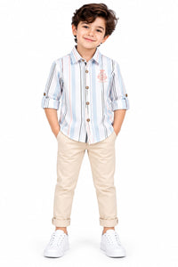 Boys' Light Blue & Pink Vertical Striped Crest Casual Shirt.