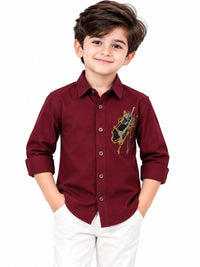 Boys' Maroon Embellished Graphic Partywear Shirt