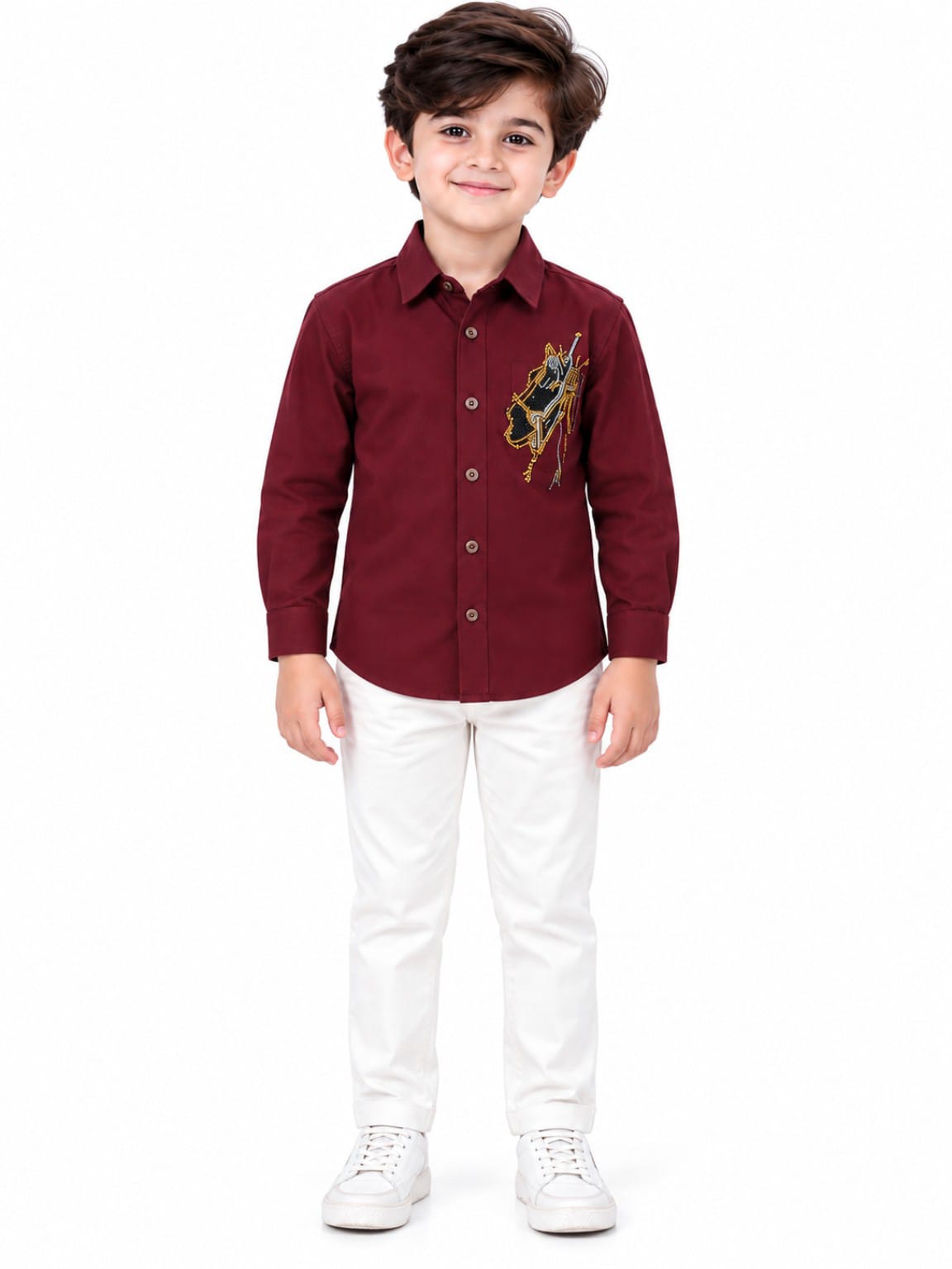 Boys' Maroon Embellished Graphic Partywear Shirt