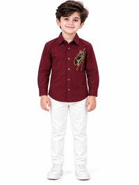 Boys' Maroon Embellished Graphic Partywear Shirt