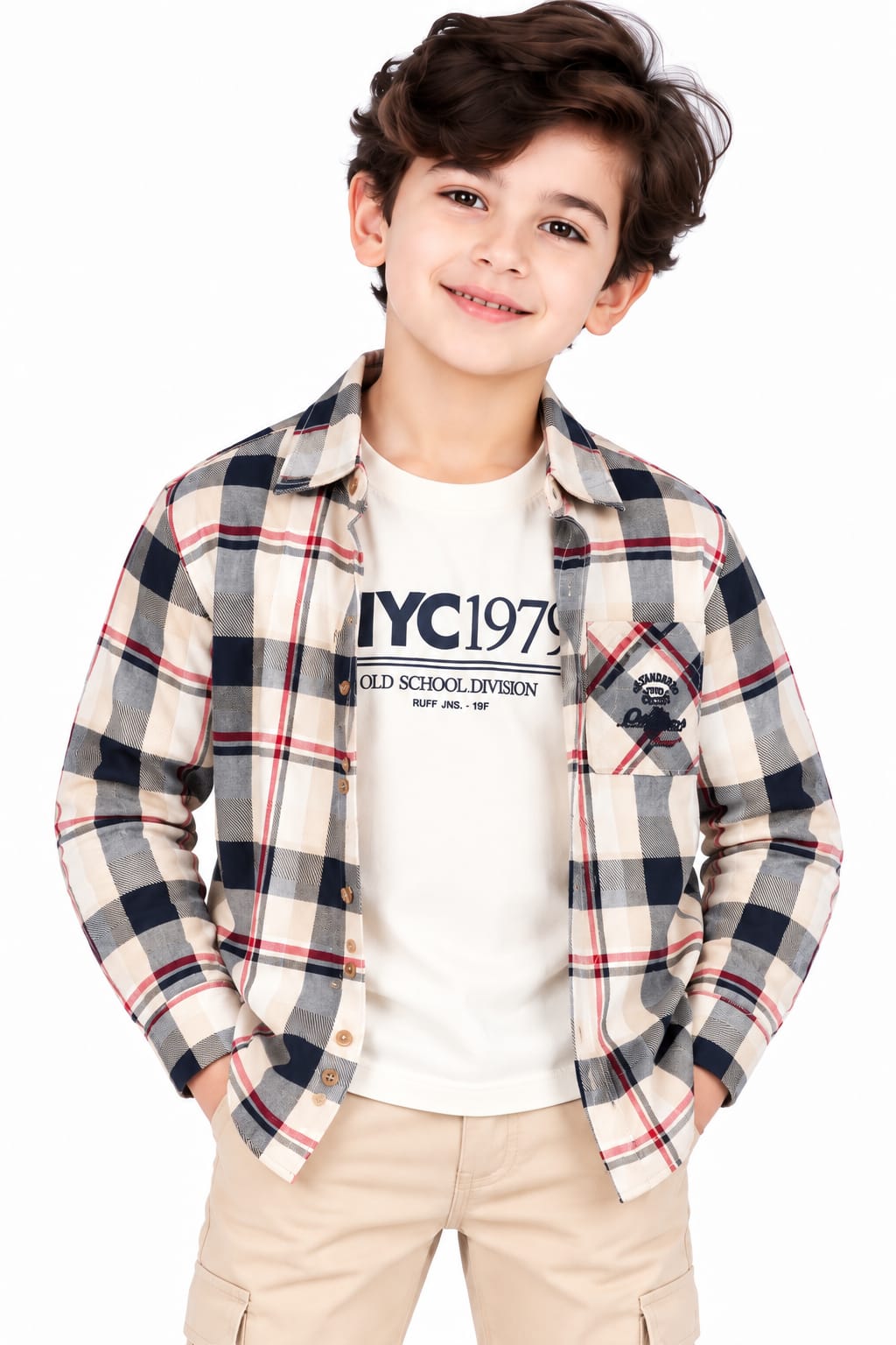 Boys' Cream & Navy Plaid Checked Overshirt.