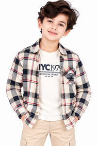 Boys' Cream & Navy Plaid Checked Overshirt.