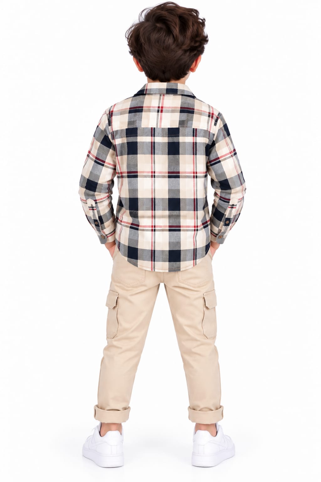 Boys' Cream & Navy Plaid Checked Overshirt.