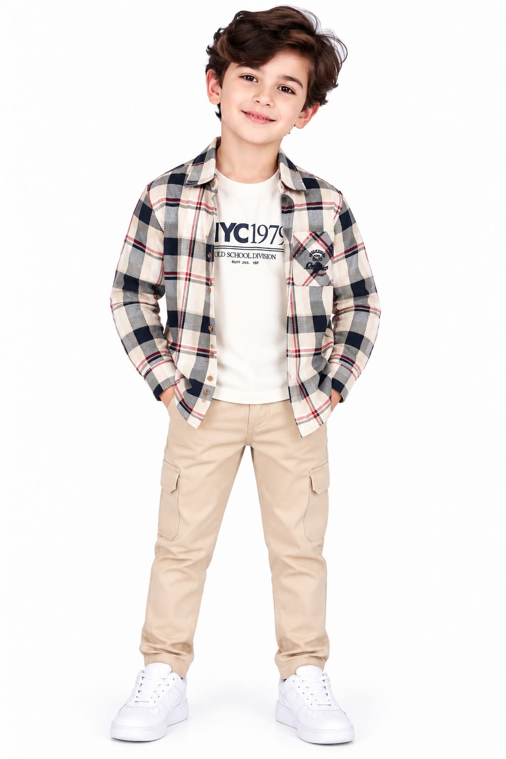 Boys' Cream & Navy Plaid Checked Overshirt.