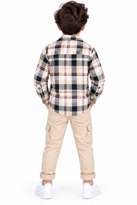 Boys' Cream & Navy Plaid Checked Overshirt.