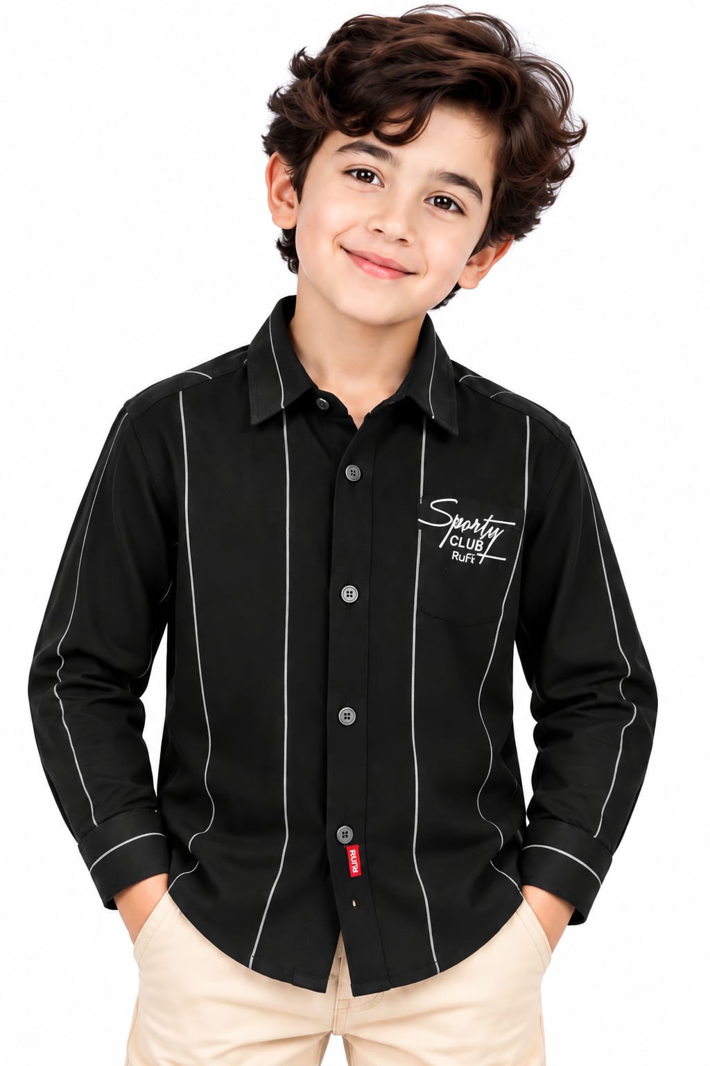 Boys' Black Vertical Pinstriped Casual Shirt.