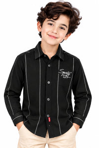 Boys' Black Vertical Pinstriped Casual Shirt.