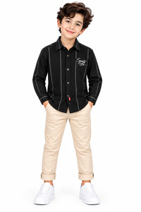 Boys' Black Vertical Pinstriped Casual Shirt.