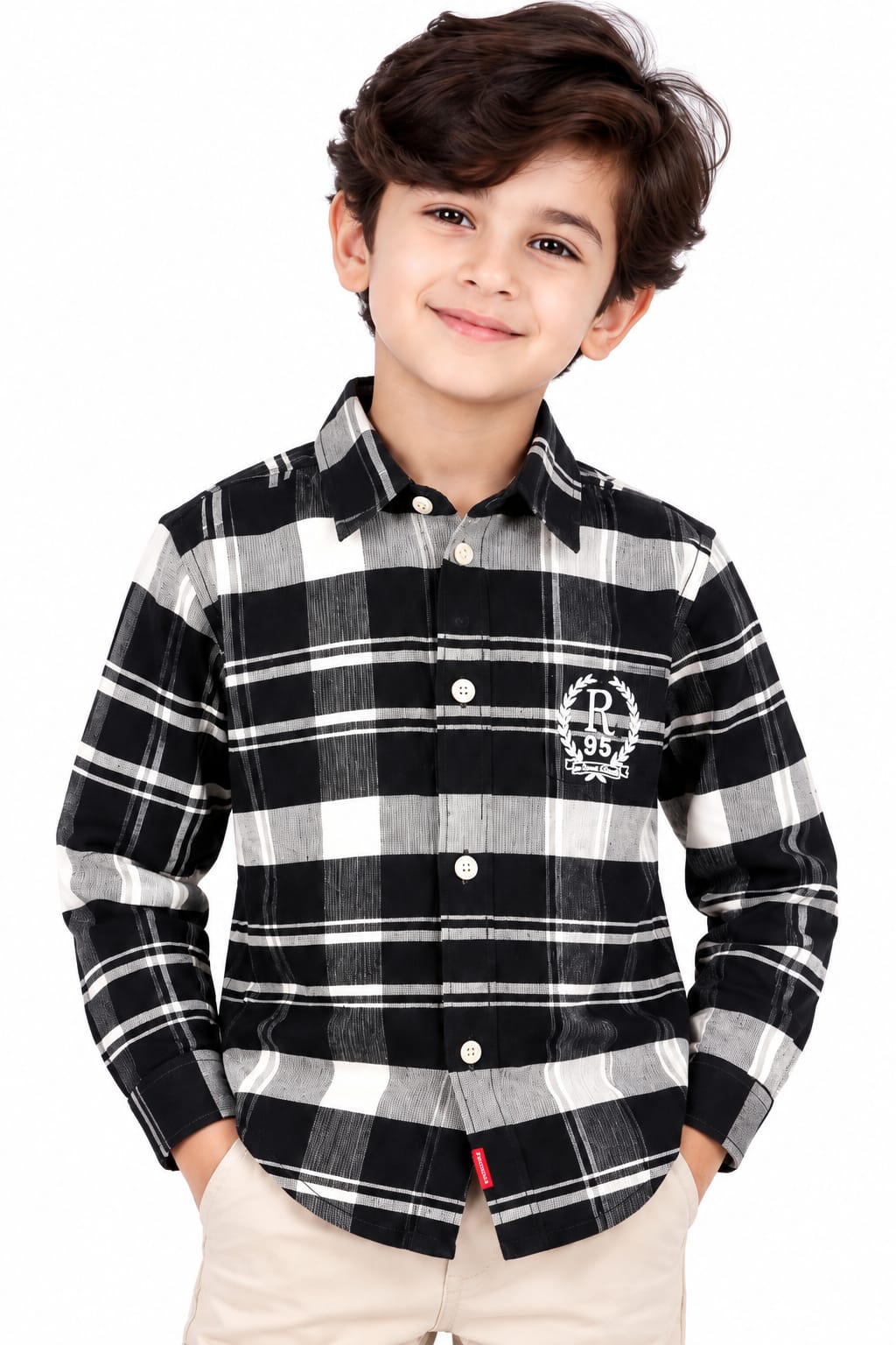 Boys' Black & White Plaid Checked Crest Emblem Casual Shirt.