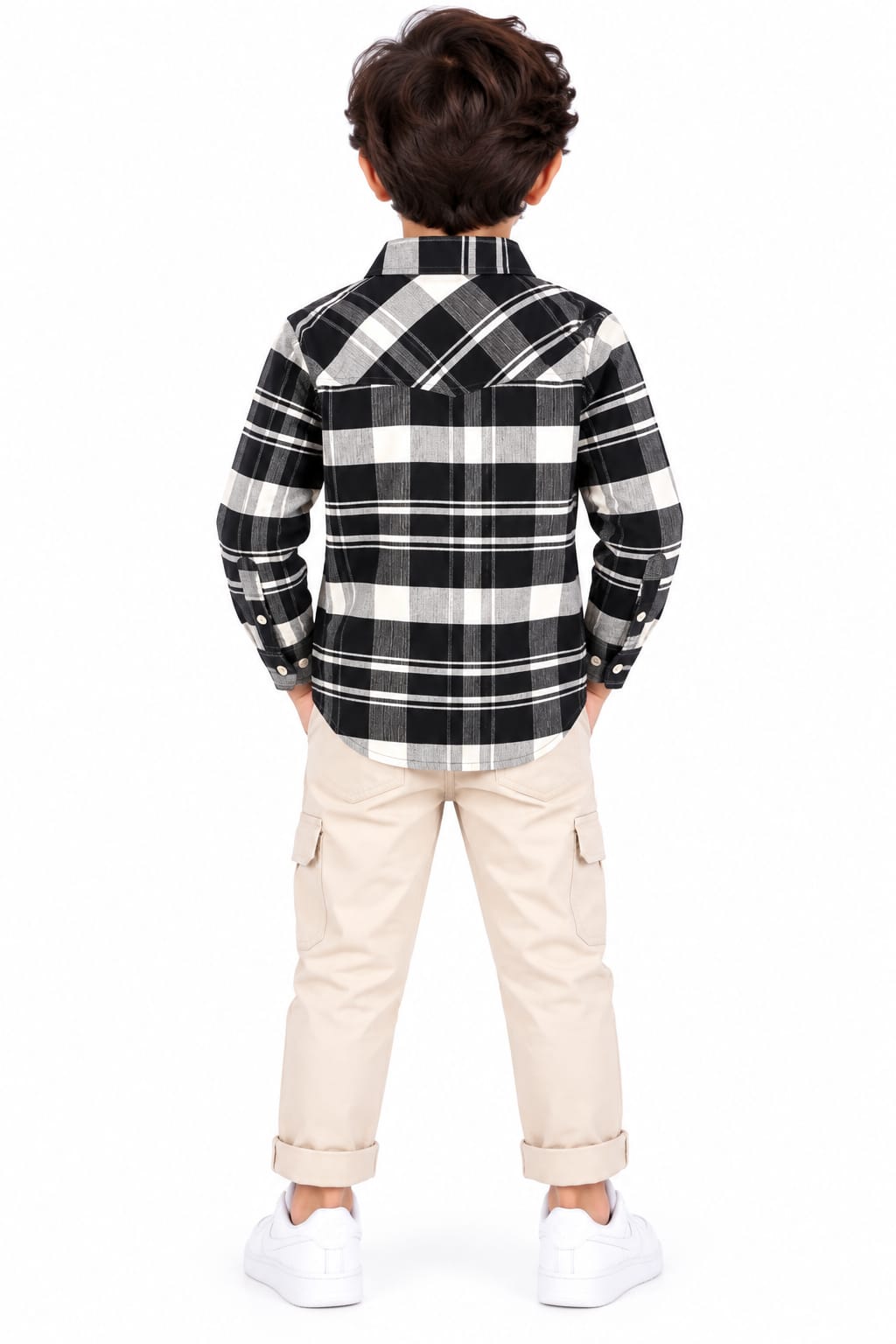 Boys' Black & White Plaid Checked Crest Emblem Casual Shirt.