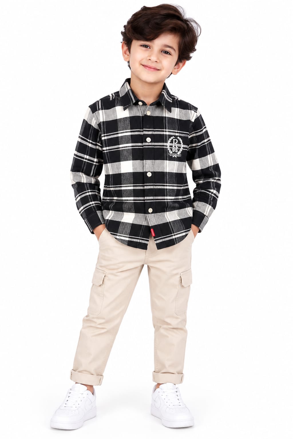 Boys' Black & White Plaid Checked Crest Emblem Casual Shirt.