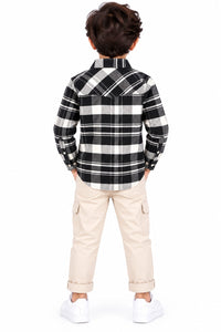 Boys' Black & White Plaid Checked Crest Emblem Casual Shirt.