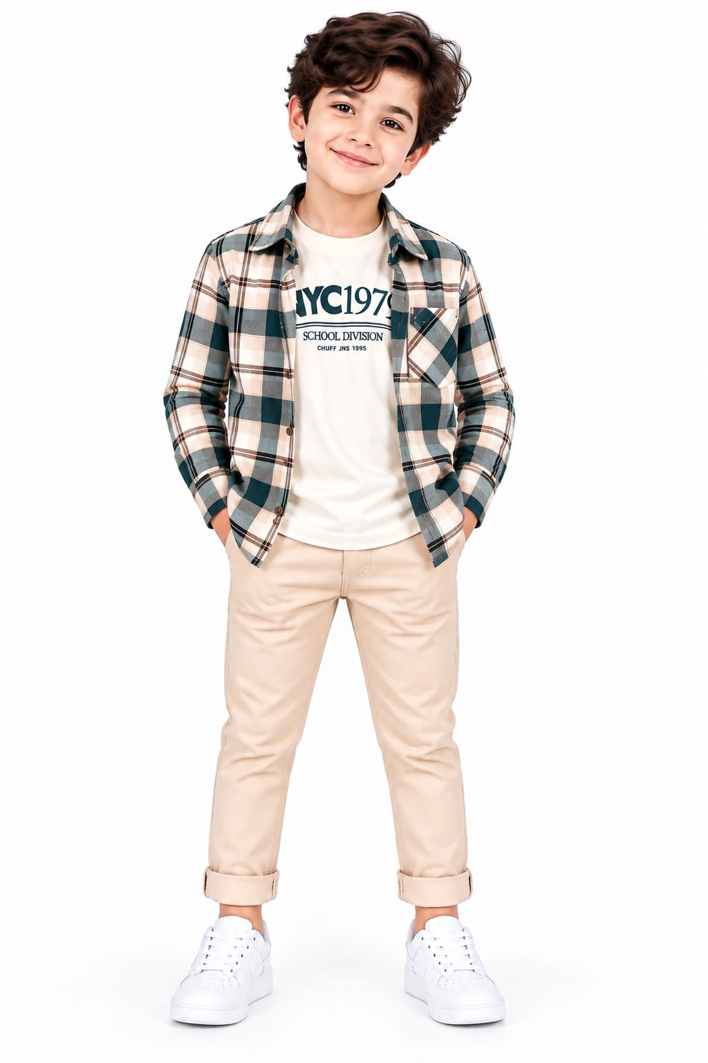 Boys' Beige & Teal Plaid Checked Roll-Up Casual Overshirt.