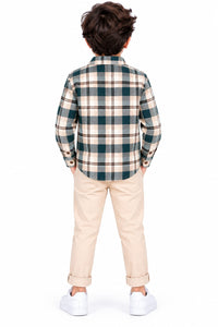 Boys' Beige & Teal Plaid Checked Roll-Up Casual Overshirt.