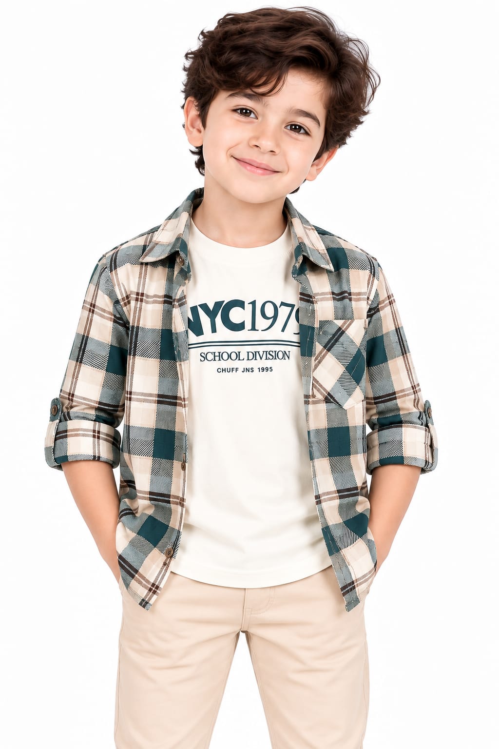Boys' Beige & Teal Plaid Checked Roll-Up Casual Overshirt.