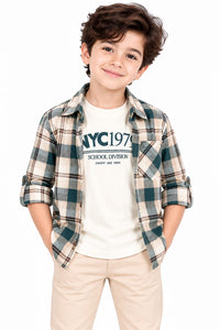 Boys' Beige & Teal Plaid Checked Roll-Up Casual Overshirt.