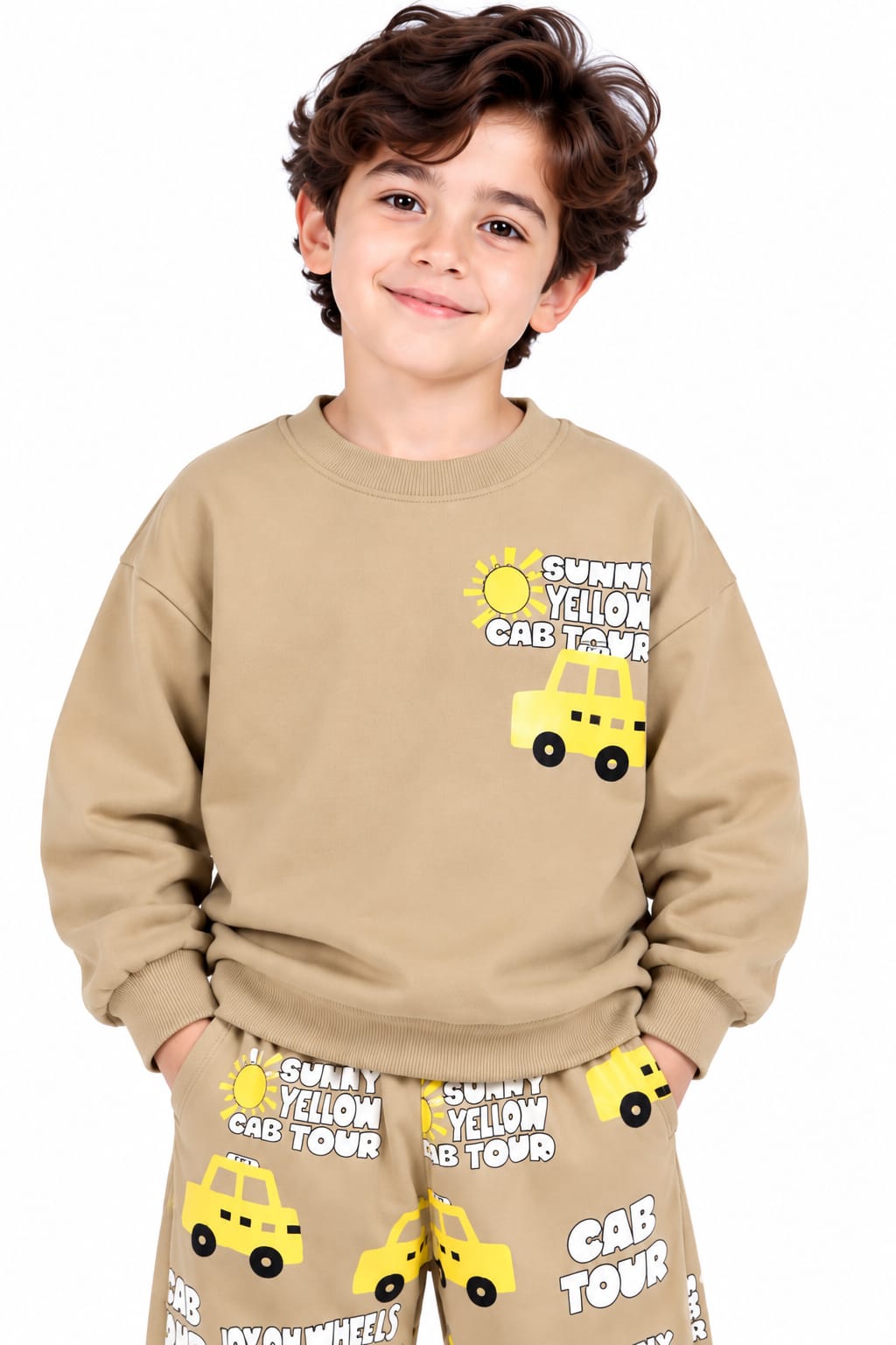 Boys' Beige "Sunny Yellow Cab Tour" Graphic Sweatshirt & Joggers Set.
