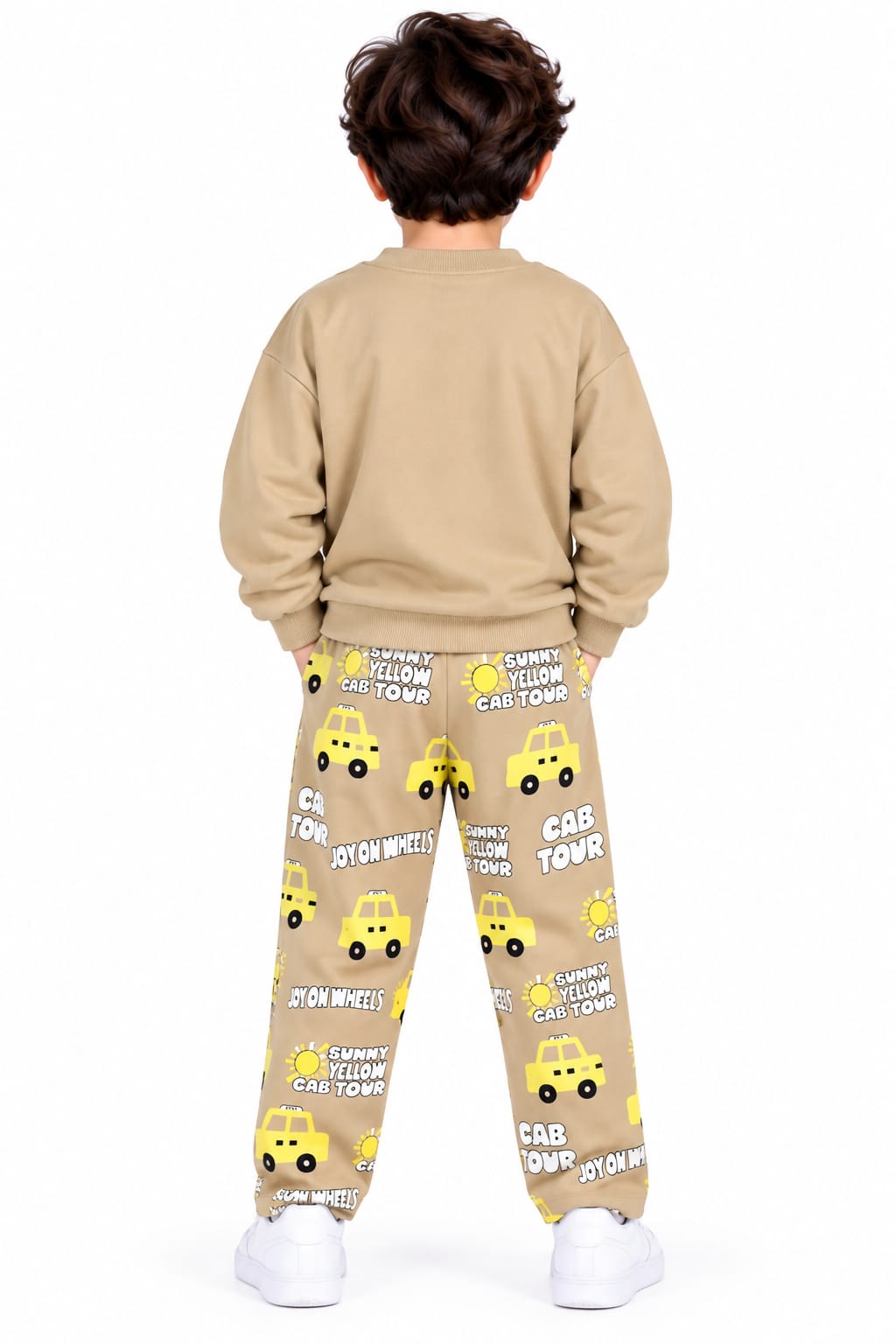 Boys' Beige "Sunny Yellow Cab Tour" Graphic Sweatshirt & Joggers Set.