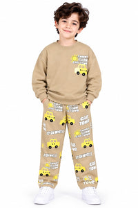 Boys' Beige "Sunny Yellow Cab Tour" Graphic Sweatshirt & Joggers Set.