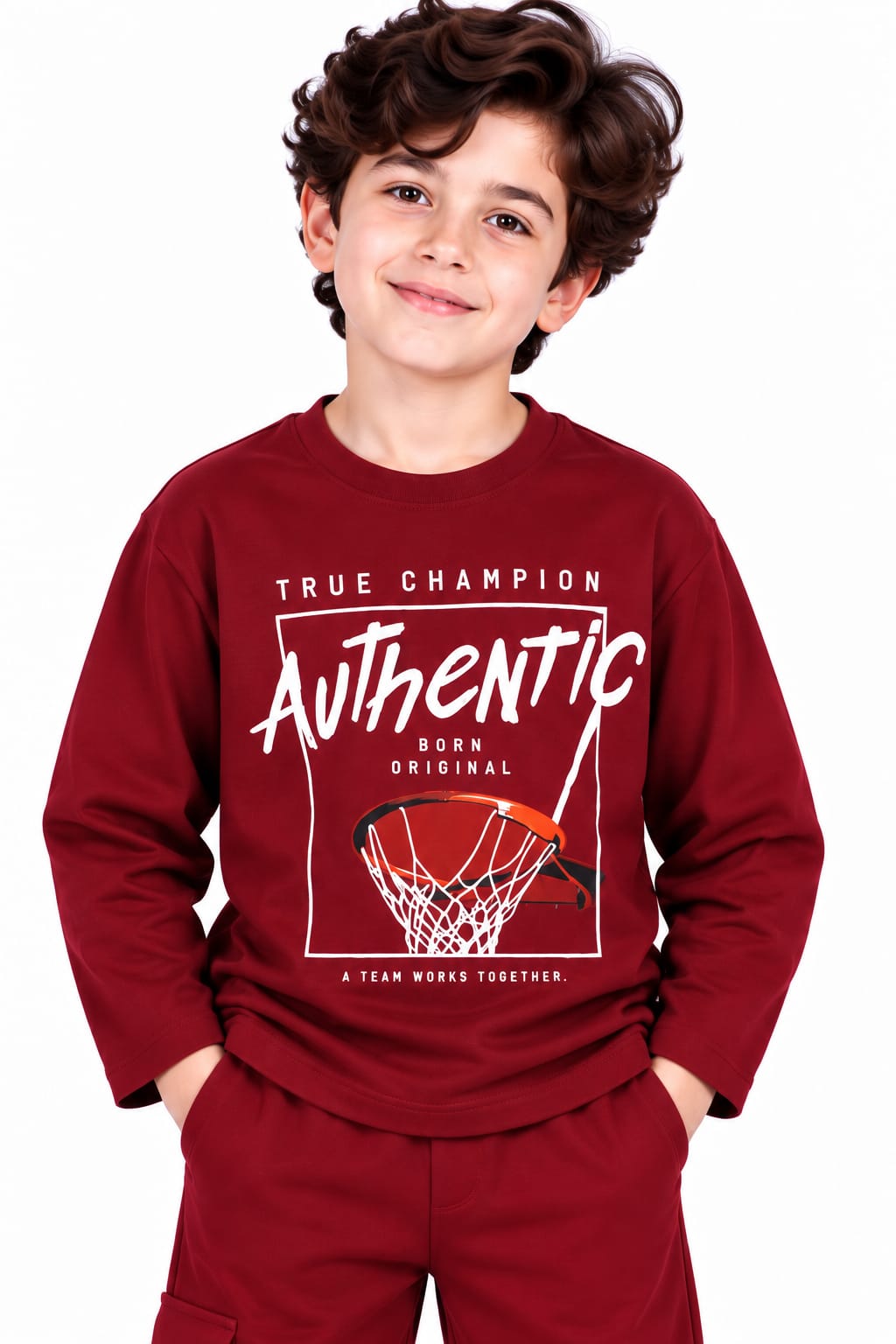 Boys' Maroon "True Champion Authentic" Graphic Sweatshirt & Cargo Track Pants Set.
