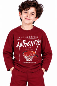 Boys' Maroon "True Champion Authentic" Graphic Sweatshirt & Cargo Track Pants Set.