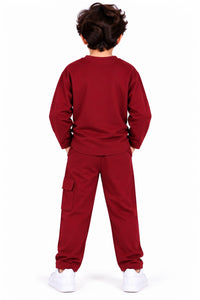 Boys' Maroon "True Champion Authentic" Graphic Sweatshirt & Cargo Track Pants Set.