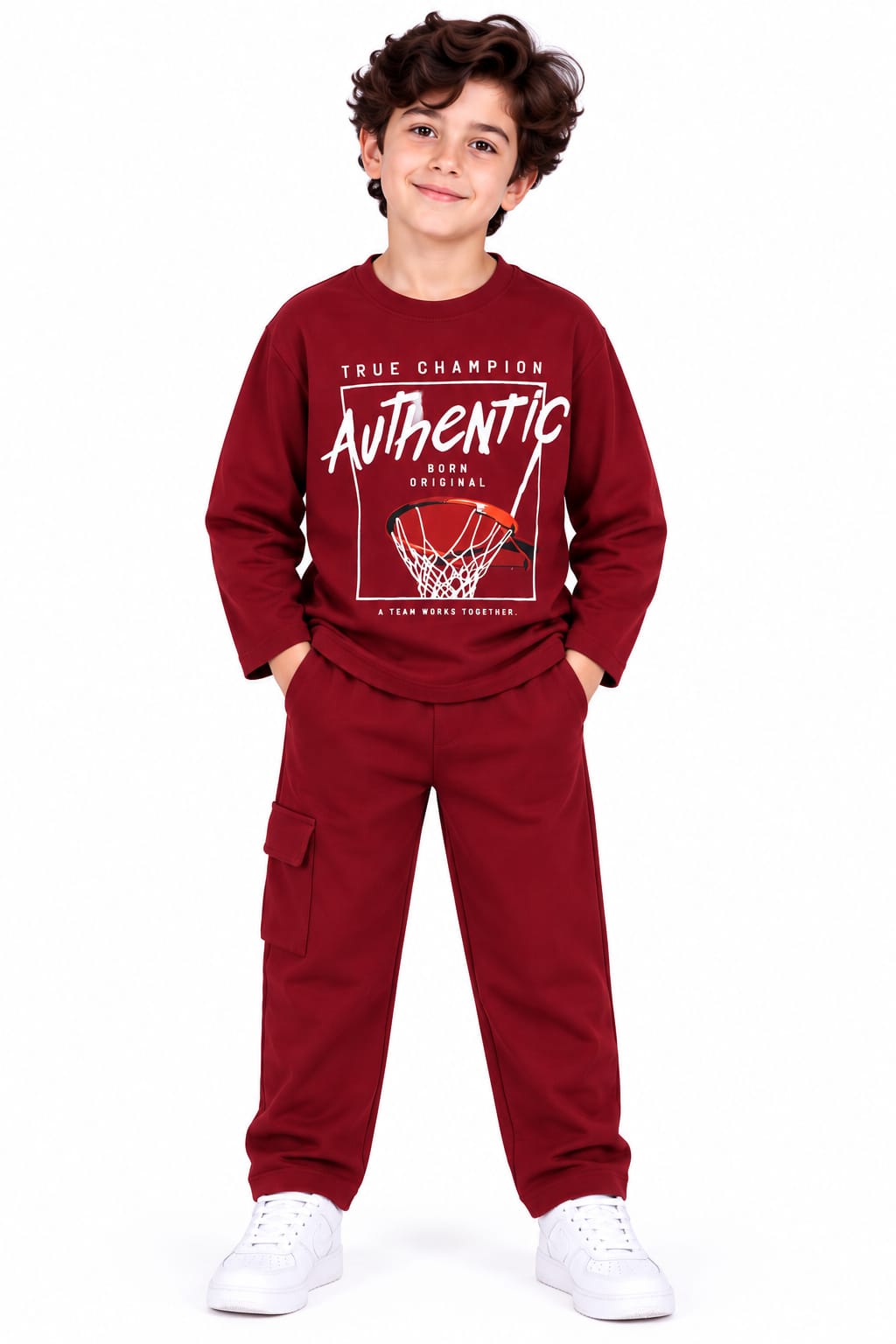 Boys' Maroon "True Champion Authentic" Graphic Sweatshirt & Cargo Track Pants Set.