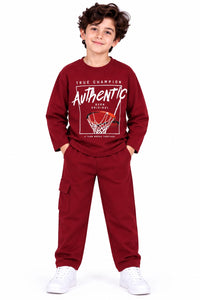 Boys' Maroon "True Champion Authentic" Graphic Sweatshirt & Cargo Track Pants Set.