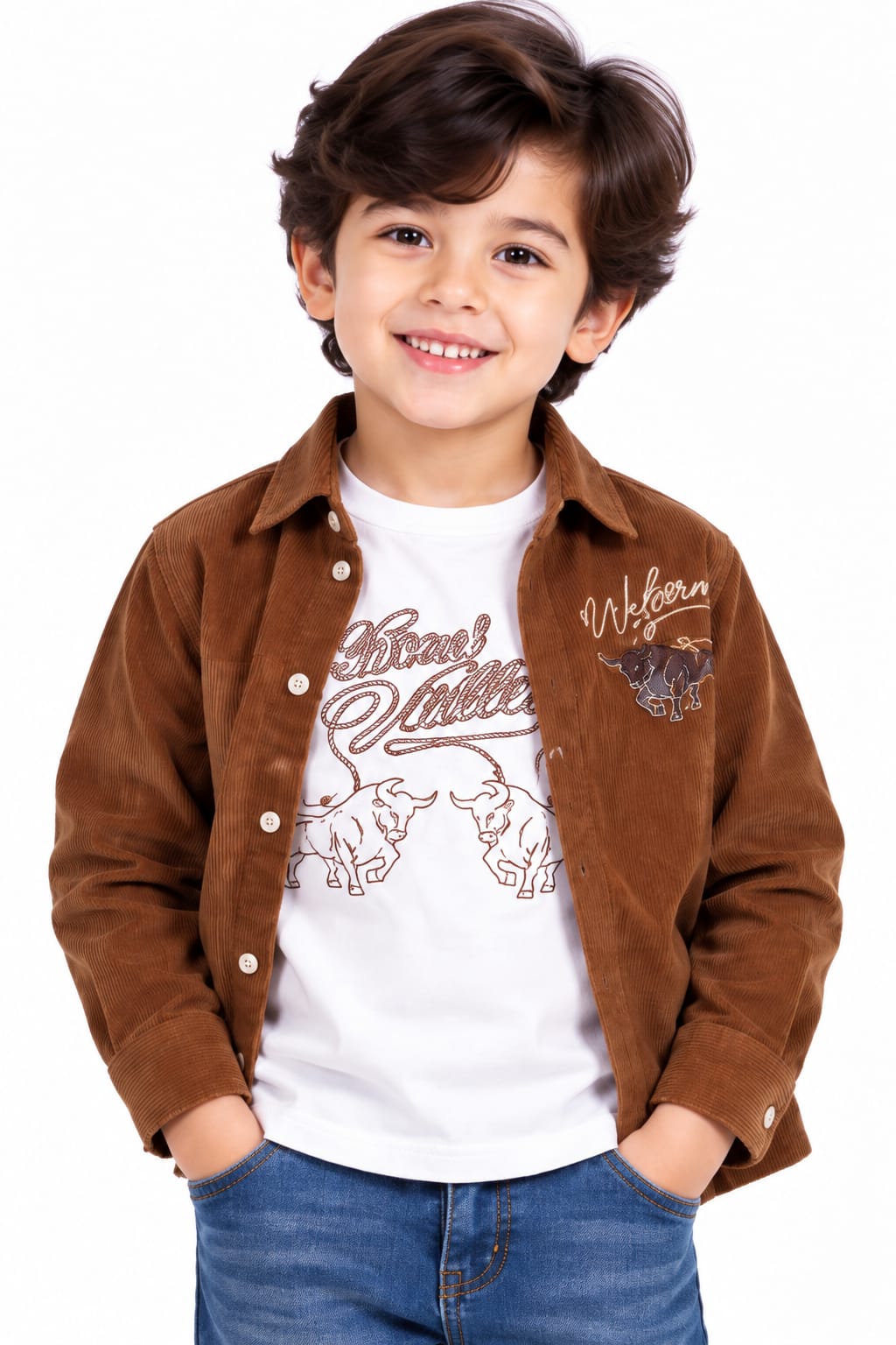 Boys' Brown Corduroy Western Graphic Overshirt.