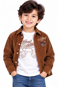 Boys' Brown Corduroy Western Graphic Overshirt.