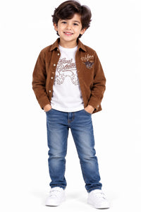 Boys' Brown Corduroy Western Graphic Overshirt.