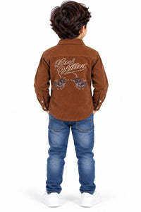 Boys' Brown Corduroy Western Graphic Overshirt.