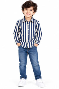 Boys' Navy & Cream Bold Vertical Striped Casual Shirt.