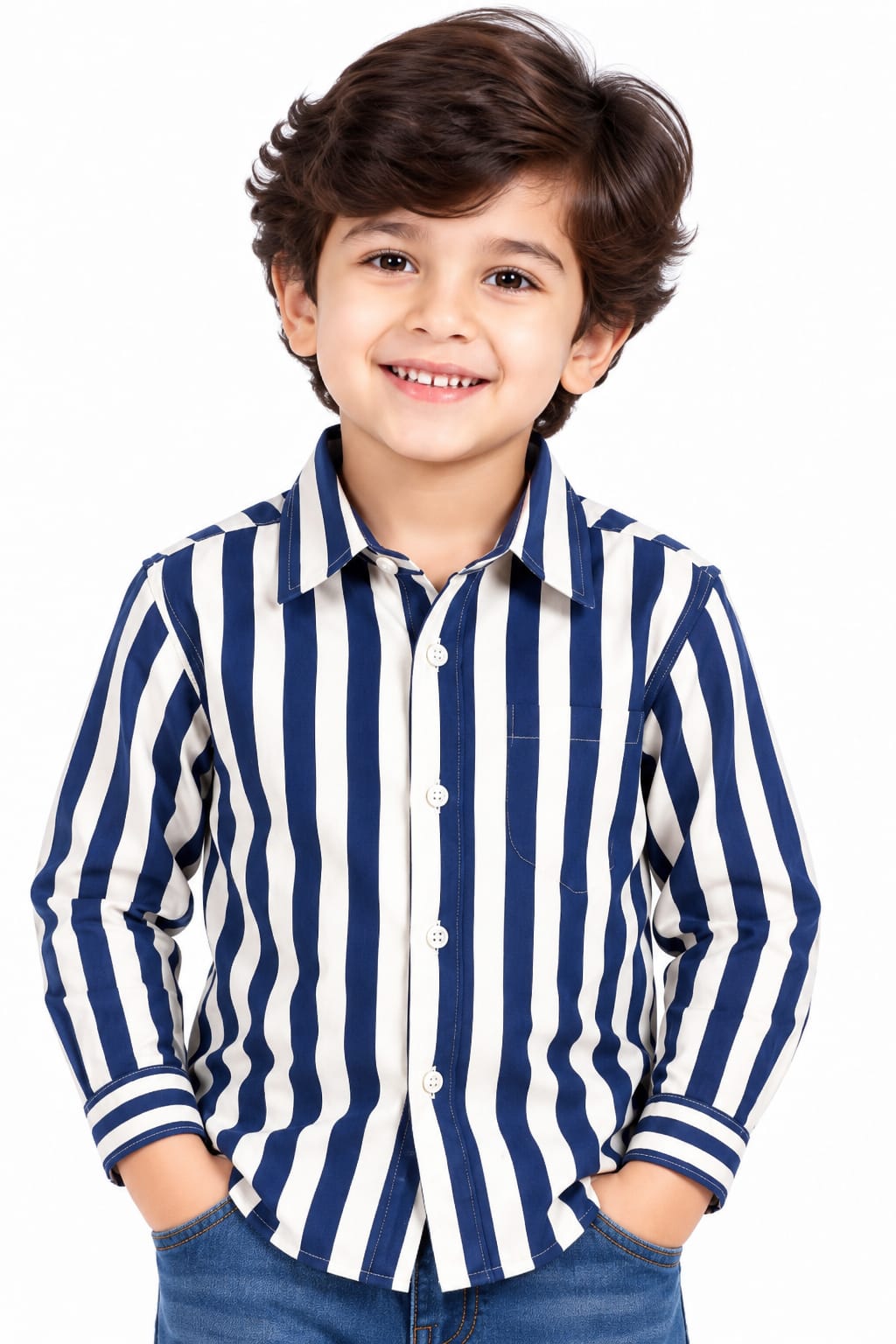 Boys' Navy & Cream Bold Vertical Striped Casual Shirt.