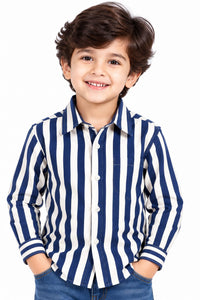 Boys' Navy & Cream Bold Vertical Striped Casual Shirt.