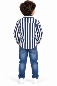 Boys' Navy & Cream Bold Vertical Striped Casual Shirt.