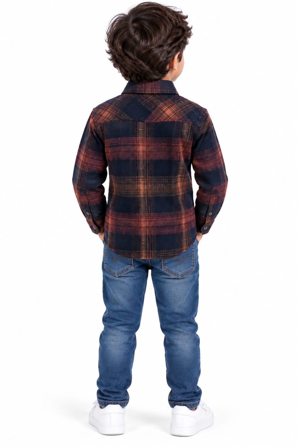Boys' Rust & Navy Plaid Checked Textured Casual Shirt.