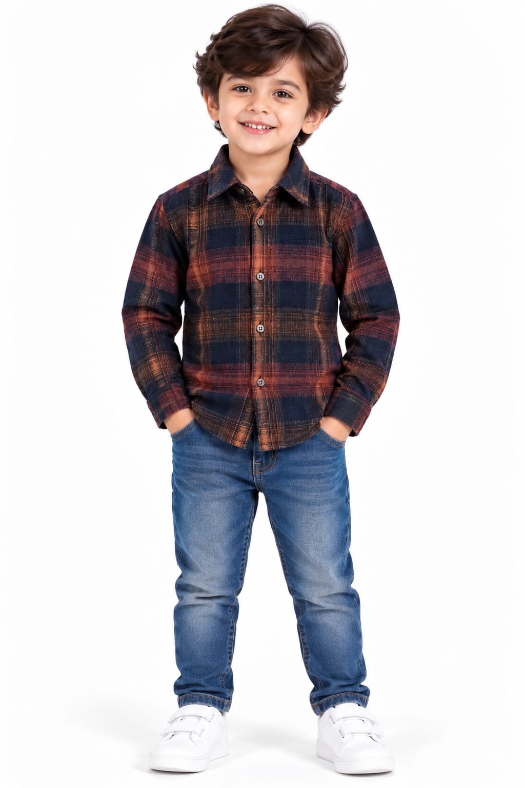 Boys' Rust & Navy Plaid Checked Textured Casual Shirt.