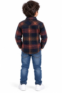 Boys' Rust & Navy Plaid Checked Textured Casual Shirt.