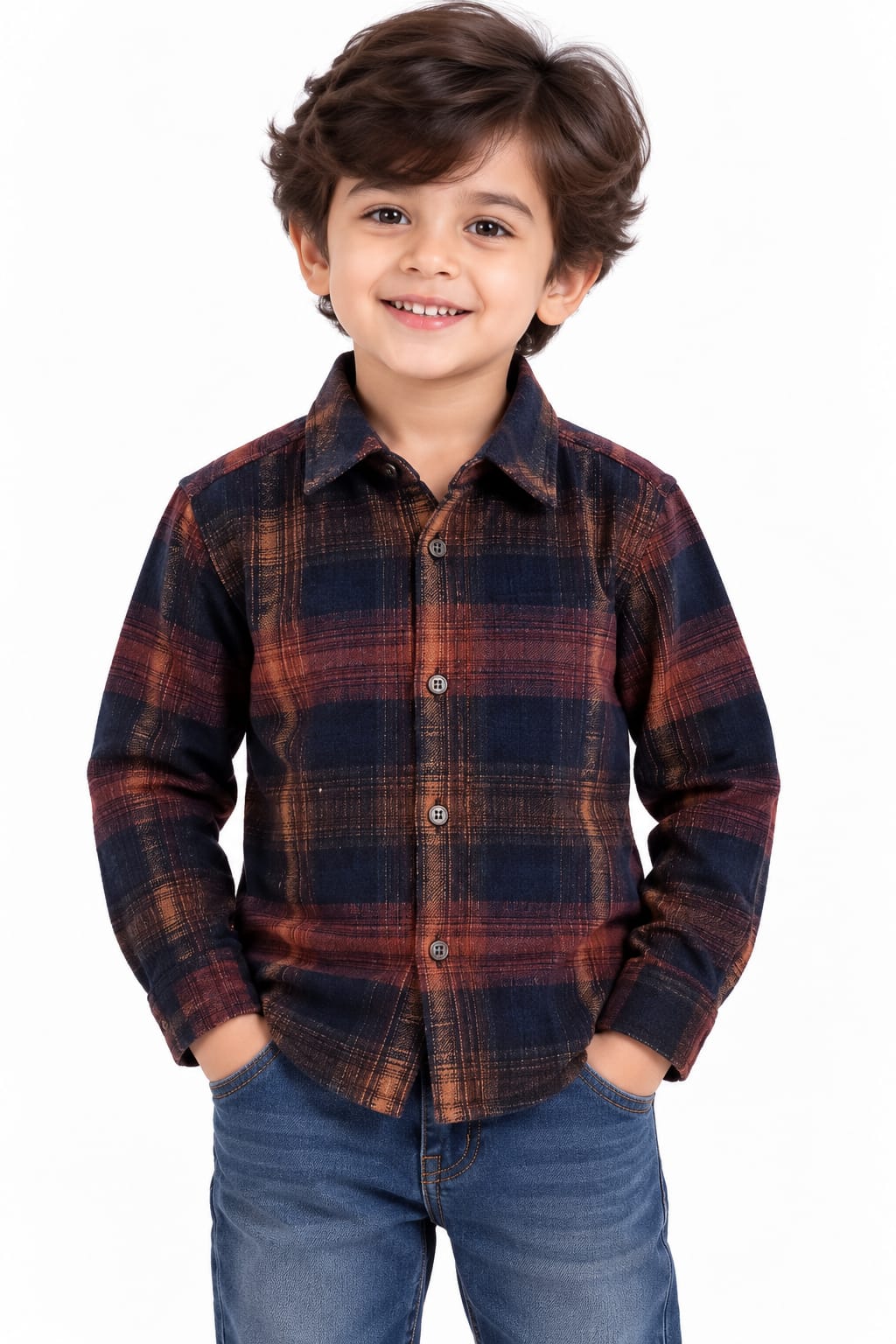 Boys' Rust & Navy Plaid Checked Textured Casual Shirt.