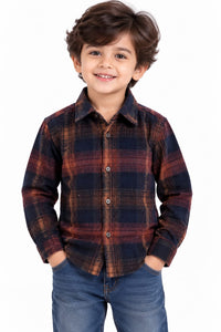 Boys' Rust & Navy Plaid Checked Textured Casual Shirt.