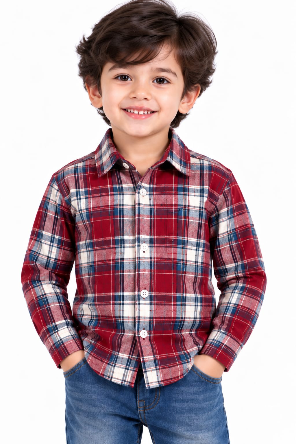 Boys' Red & Navy Plaid Checked Casual Shirt.